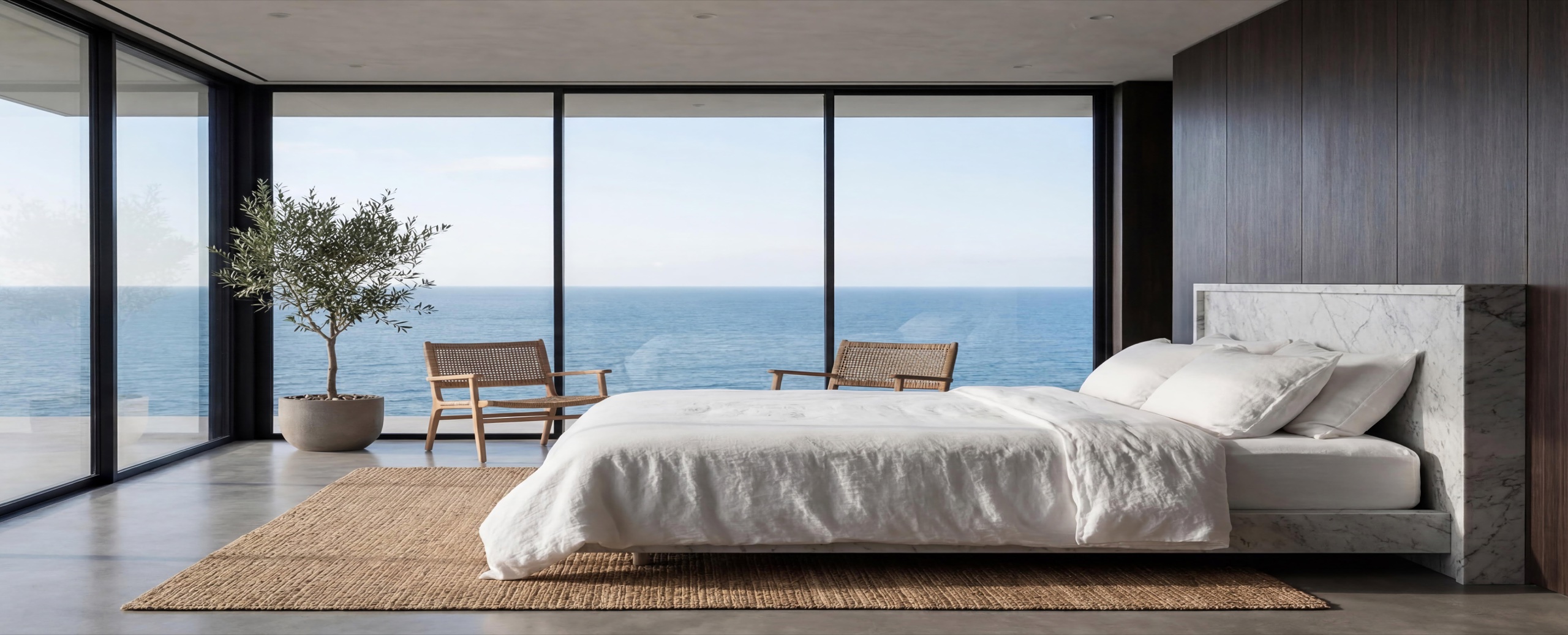 Dormitorio moderno con amplias vistas al mar y luz natural